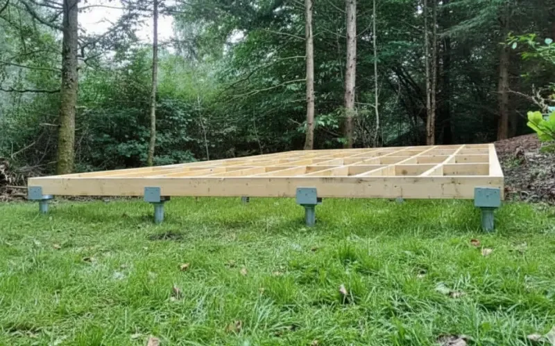 Ground screws supporting a level timber frame in a garden