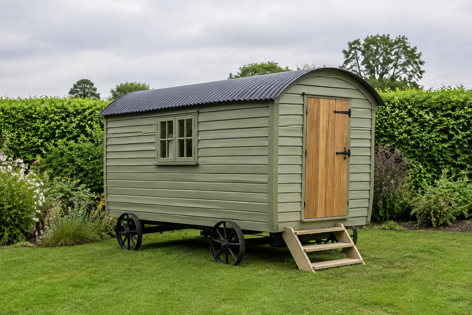Traditional timber shepherd hut with a curved roof and iron wheels in a garden