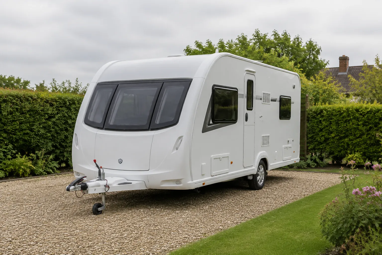 Towable touring caravan with a visible hitch and jockey wheel on a gravel hardstanding