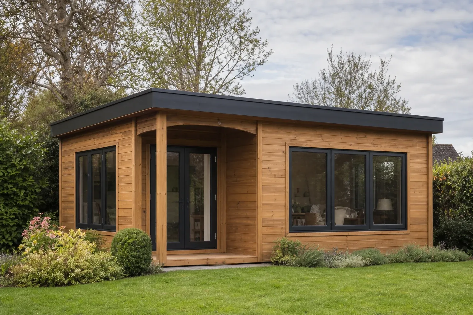 Illustrative example of a substantial timber cabin or summerhouse