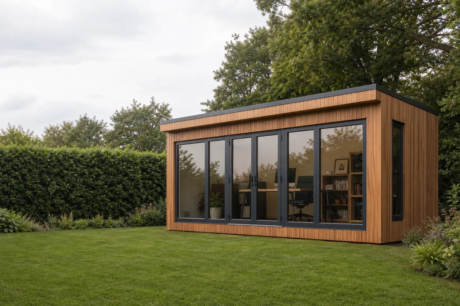 Illustrative example of a modern timber garden office in a British garden