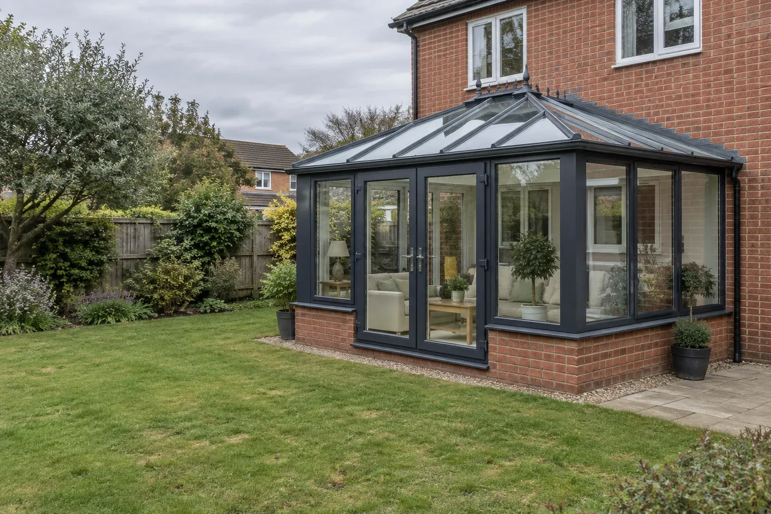 Illustration of a glazed conservatory with dark frames and a brick plinth attached to a British house