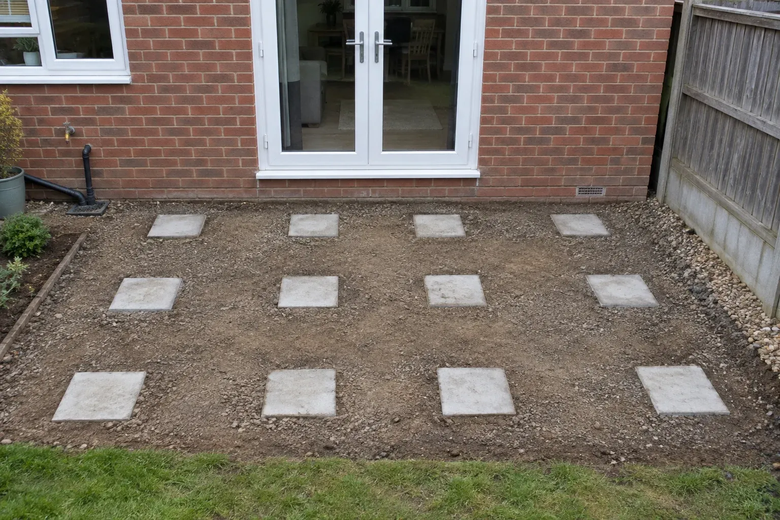 Artist’s impression of twelve concrete foundation pads beside a house, below the door threshold ready for a modular conservatory base