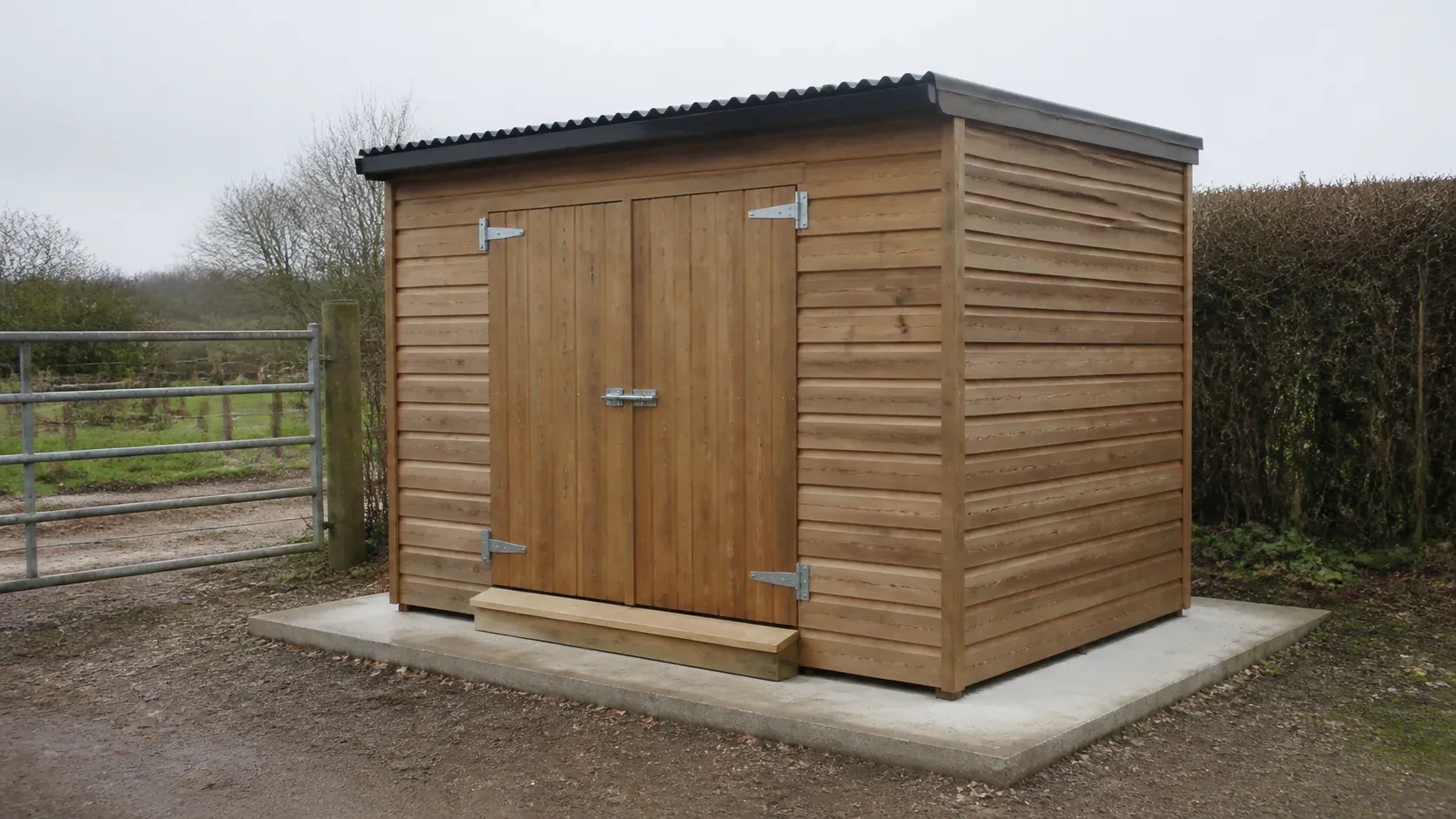 Small agricultural feed store on a clean concrete yard base