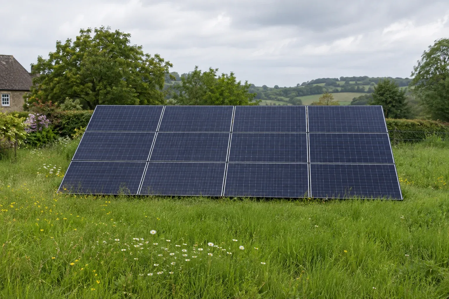 Illustrative small ground-mounted solar panel array in a rural garden