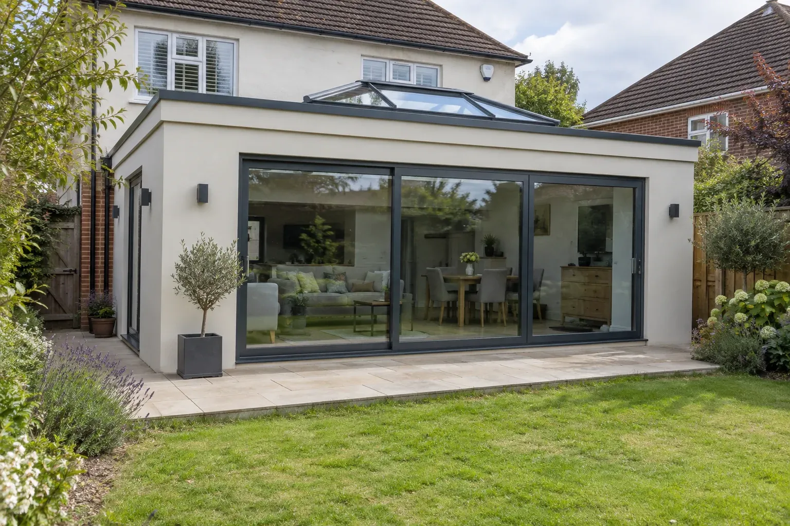 Generic orangery-style extension concept with rendered walls and a glazed roof lantern