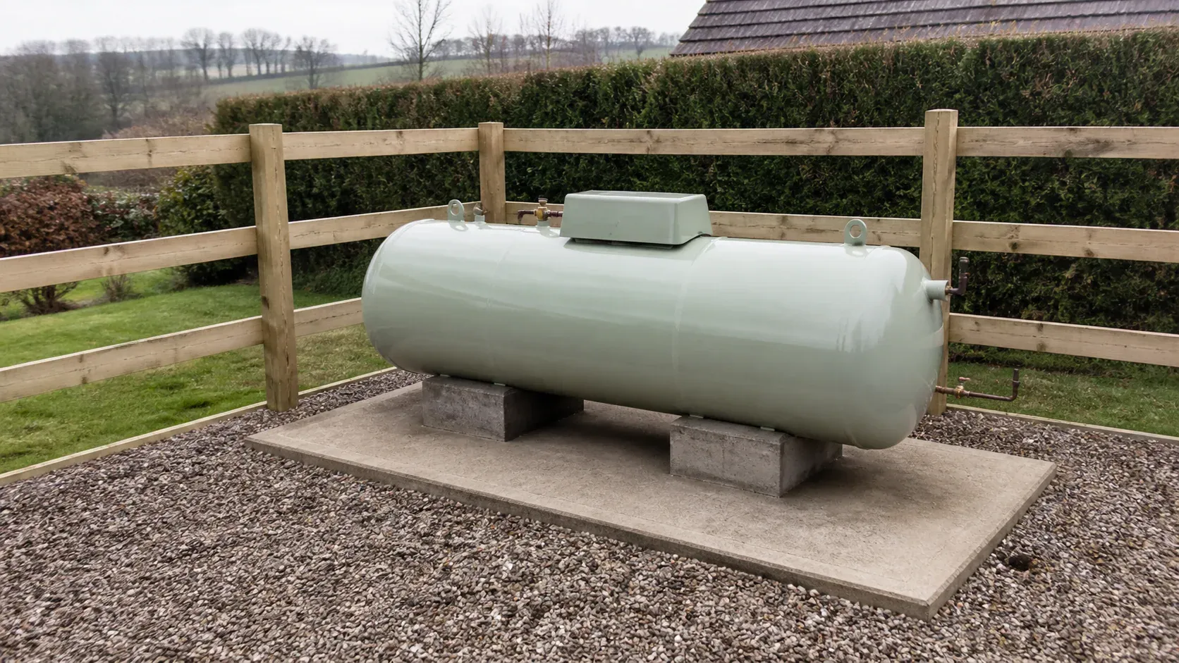 Above-ground domestic LPG tank on a secure concrete foundation