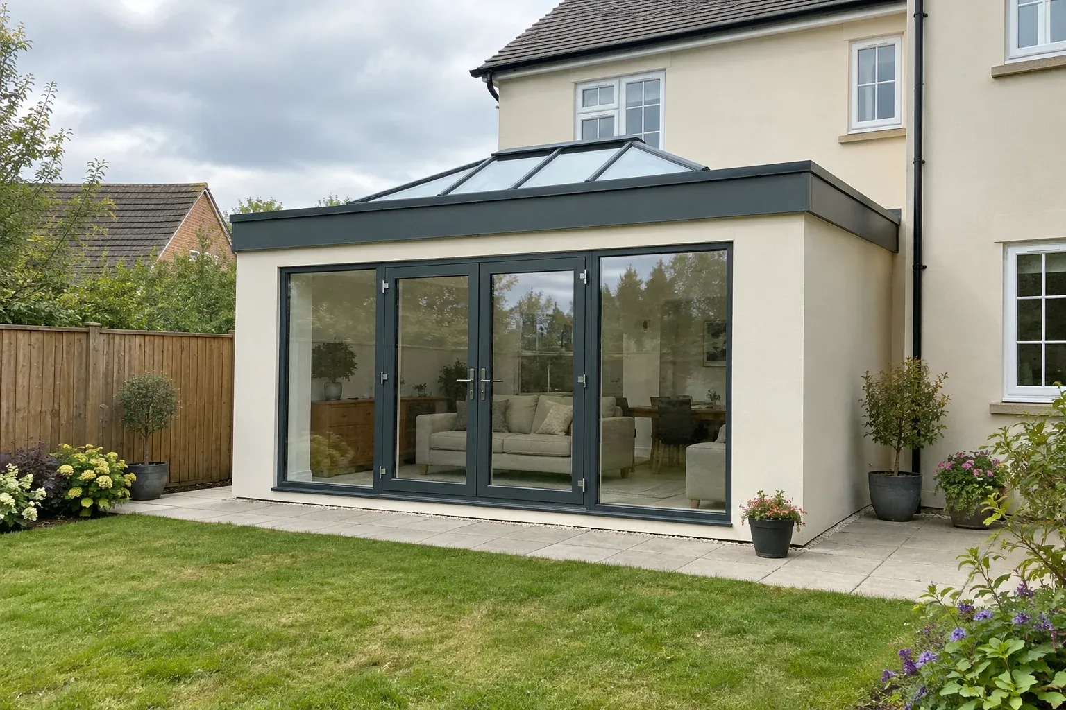 Illustration of a rendered modular-style orangery with glazed doors and a roof lantern; not a branded system
