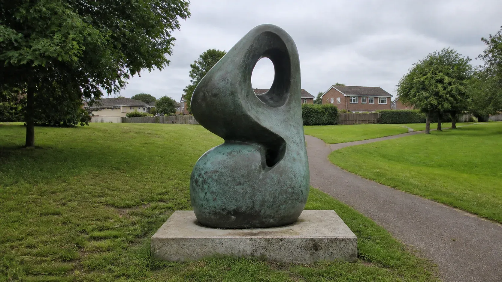 Contemporary outdoor sculpture securely mounted on a concrete plinth