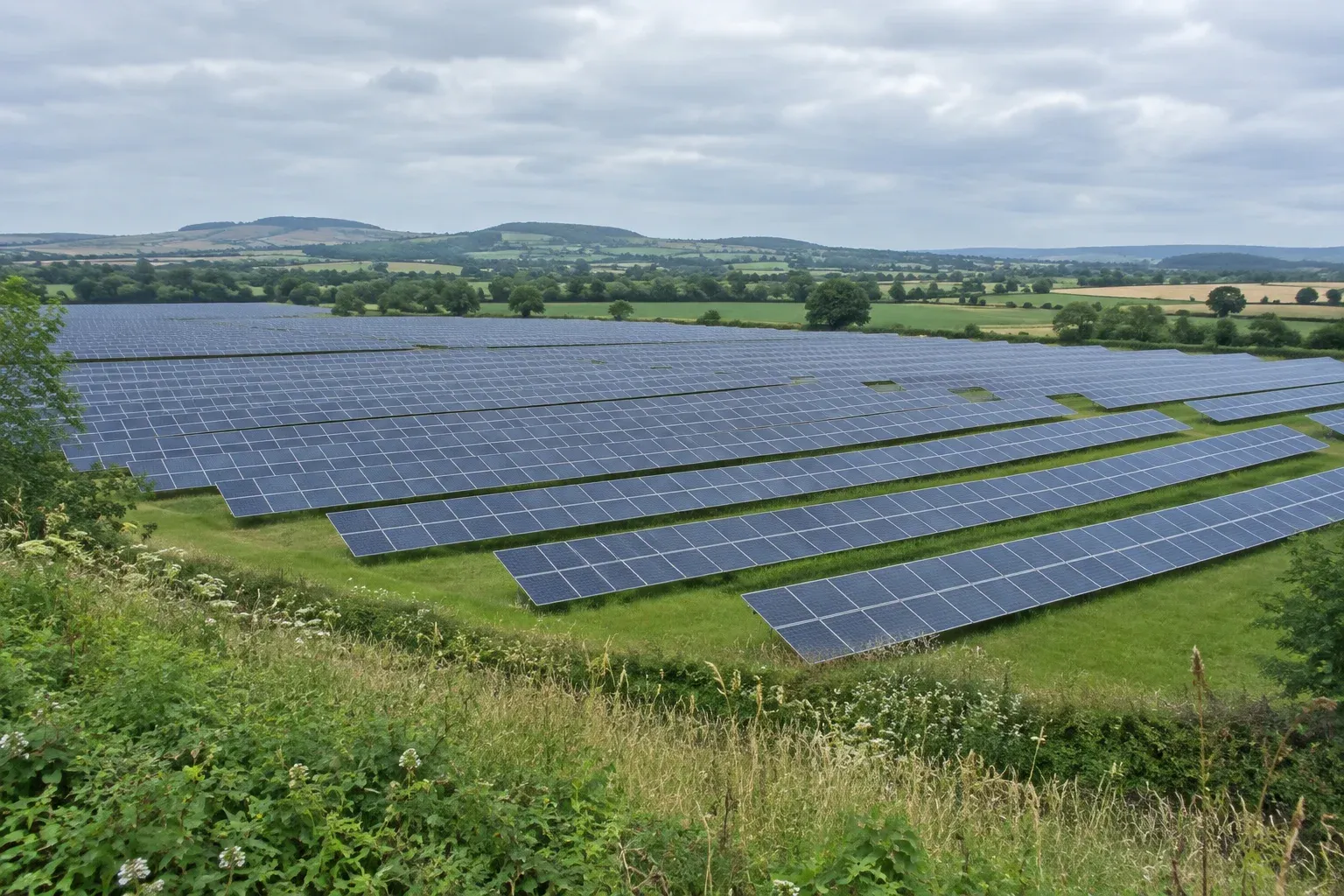 Illustrative large solar farm with rows of photovoltaic panels across British countryside