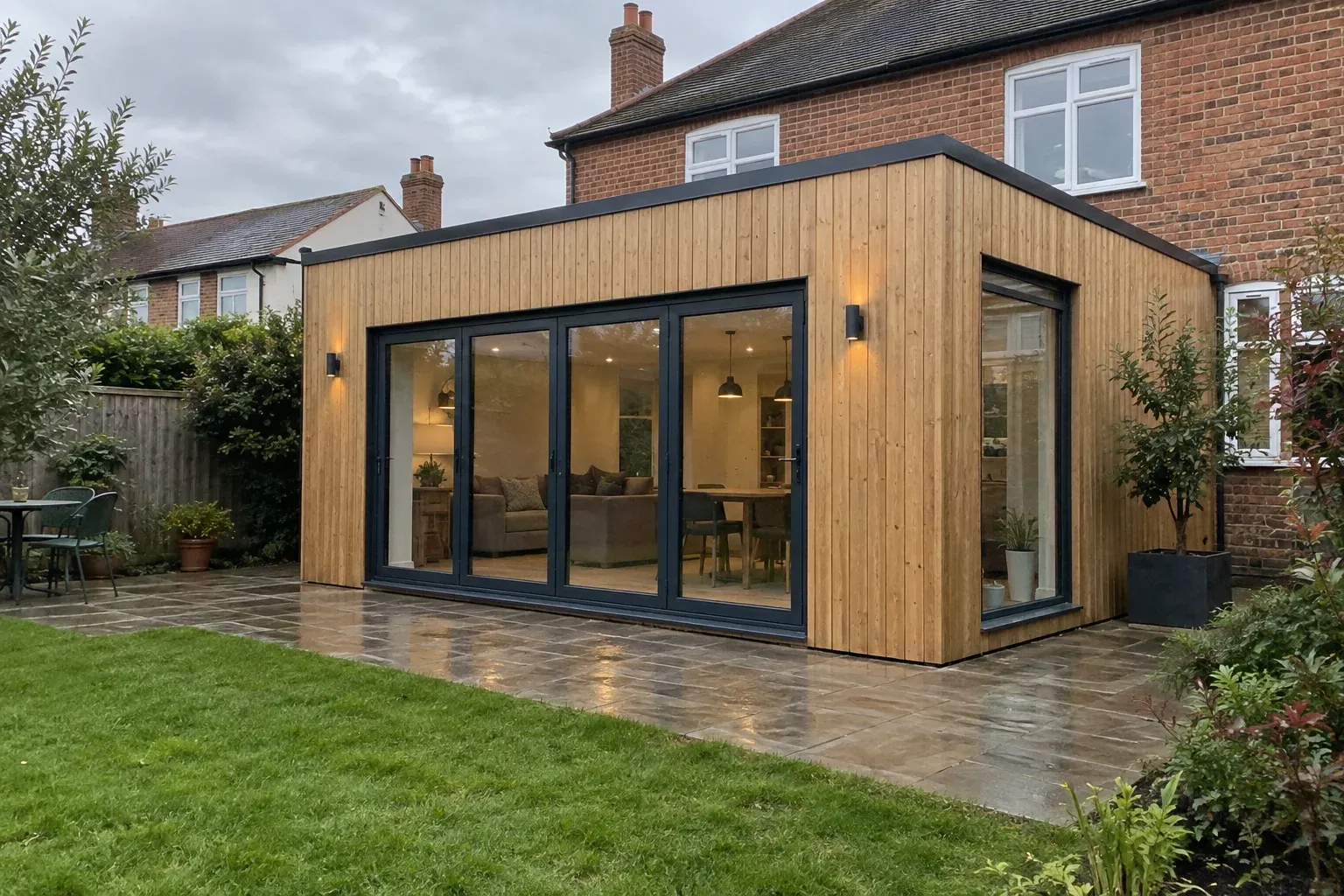 Concept illustration of a timber-clad extension attached to a brick house