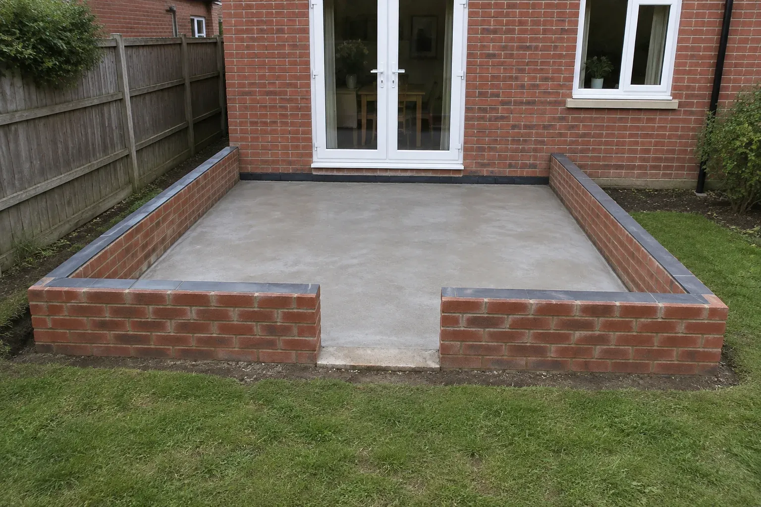 Artist’s impression of a concrete conservatory floor and brick dwarf walls adjoining a house, before glazing installation