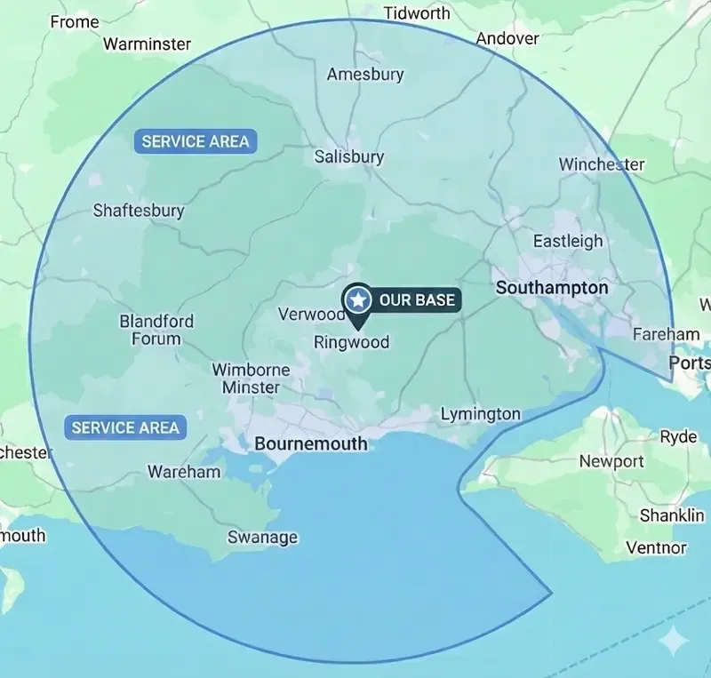 JustBases service area map covering Dorset, Hampshire, the New Forest and South Wiltshire