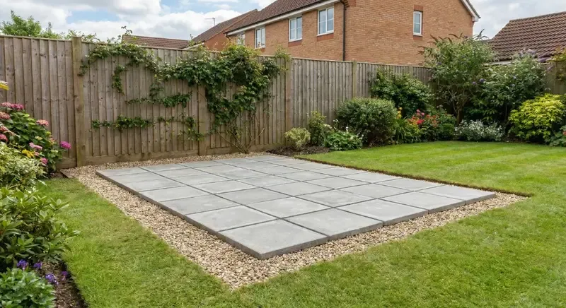Level paving slab base prepared for a small garden building