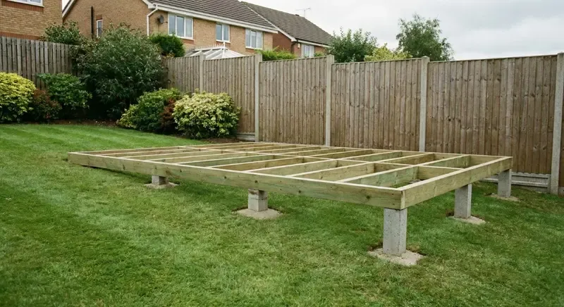Raised timber frame base installation on sloping ground