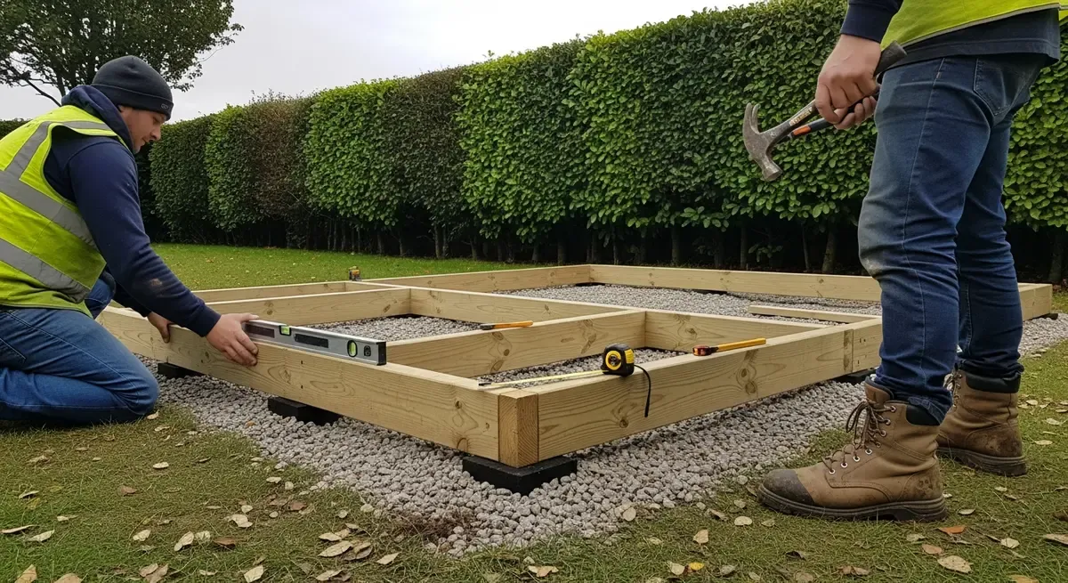 Timber support frame being installed for a garden building